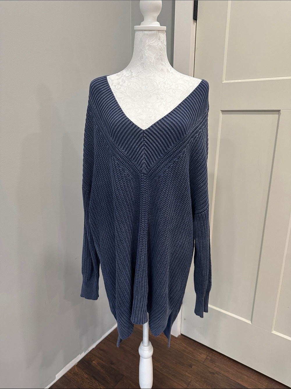 aerie Slate Blue Off-the-Shoulder V-Neck Knit Sweater